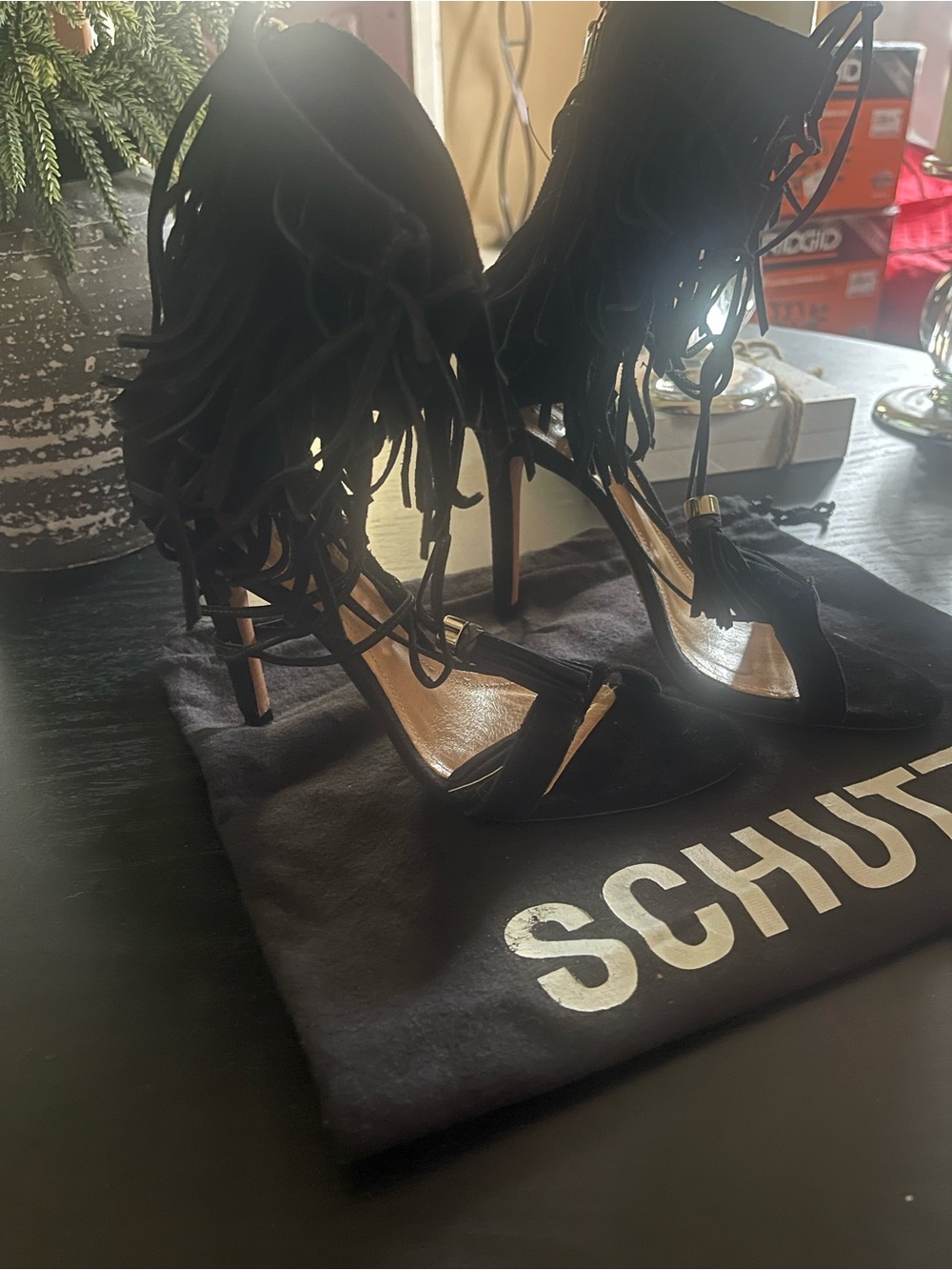 SCHUTZ Black Suede Fringe Lace-Up Stiletto Sandals